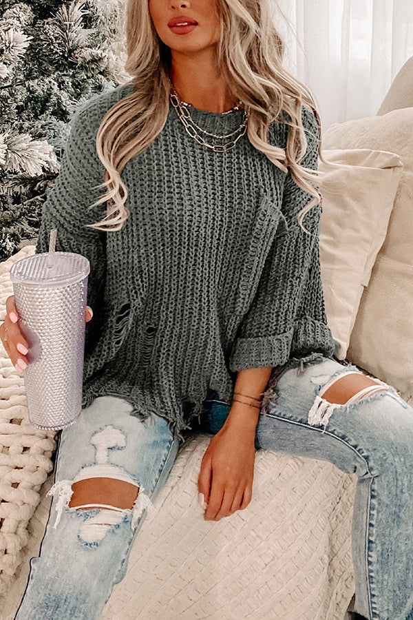 Gray Ripped Raw Hem Chunky Pullover Sweater