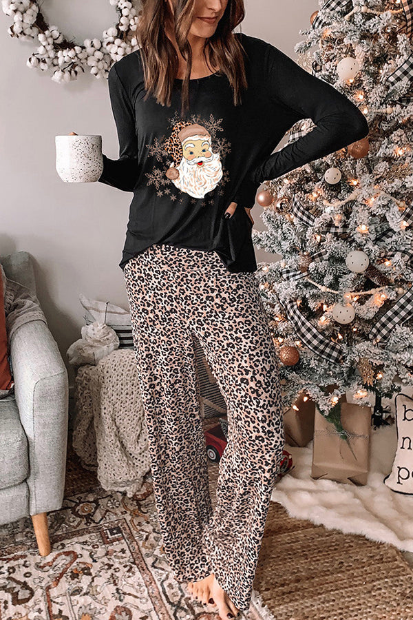 Christmas Santa Claus Leopard Print Two Piece Lounge Set