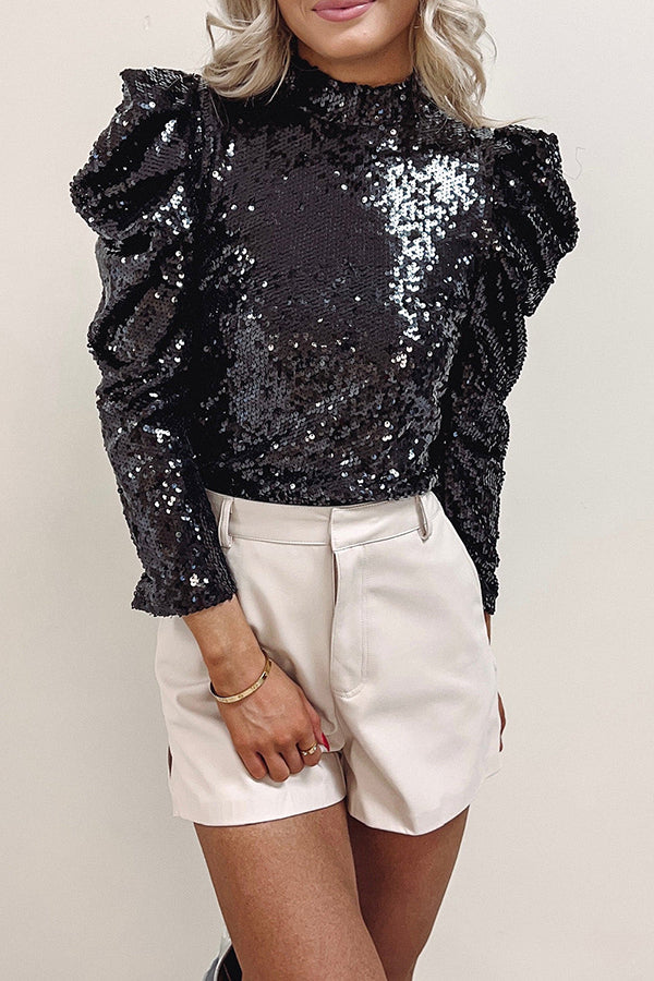 Apricot&Black Sequin Mock Neck Bubble Sleeve Top