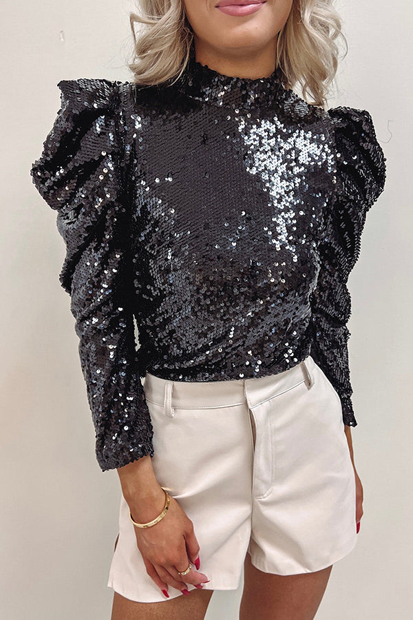 Apricot&Black Sequin Mock Neck Bubble Sleeve Top