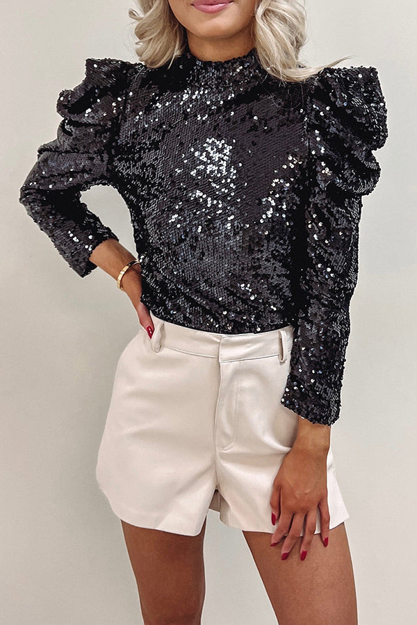 Apricot&Black Sequin Mock Neck Bubble Sleeve Top