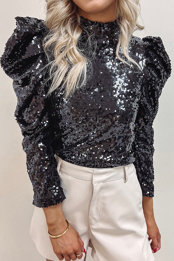 Apricot&Black Sequin Mock Neck Bubble Sleeve Top