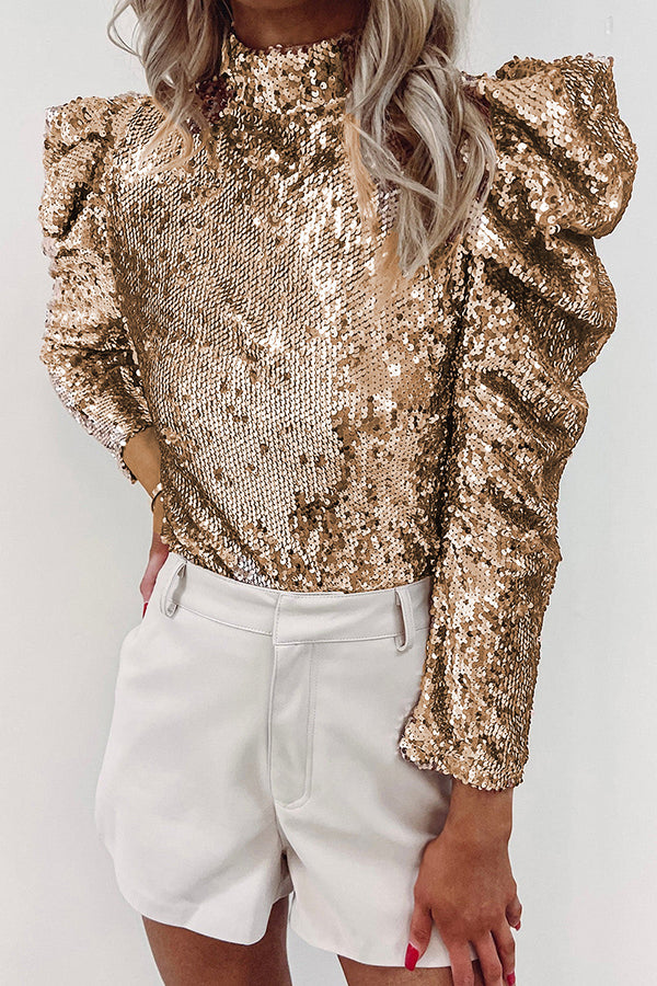 Apricot&Black Sequin Mock Neck Bubble Sleeve Top