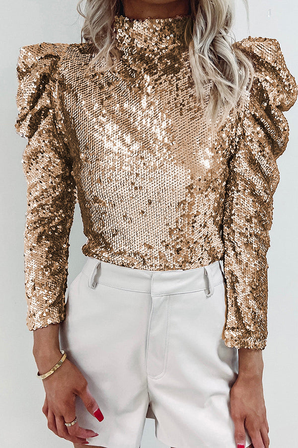 Apricot&Black Sequin Mock Neck Bubble Sleeve Top