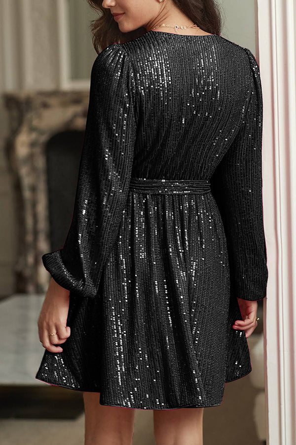 Christmas Elegant Sequin Crossover V-Neck Belt Dress