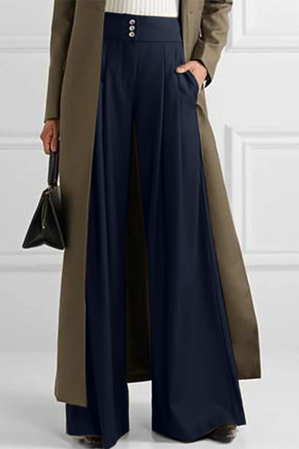 High Waist Solid Color Pleated Casual Wide Leg Pants