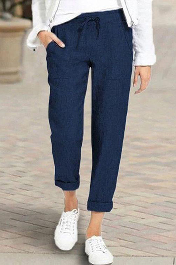  Casual Solid Color Elastic Waist Side Pockets Trouser Pants