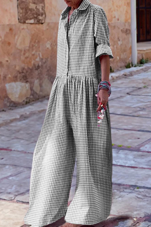 Plaid Long Sleeve Shirt Patchwork Jumpsuit