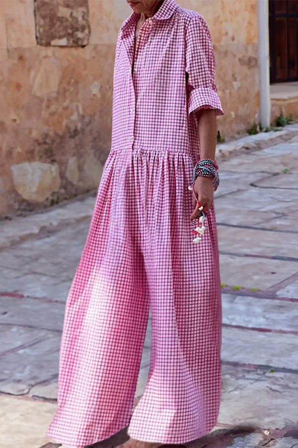 Plaid Long Sleeve Shirt Patchwork Jumpsuit