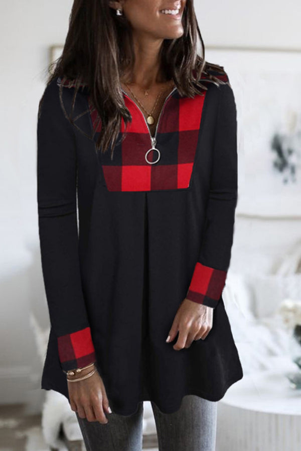 Plaid Print Color Block Contrast Zip V-Neck Sweatshirt