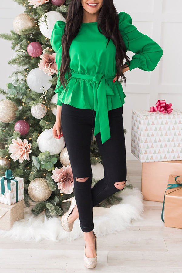 Santa's Helper Puff Sleeve Modest Blouse