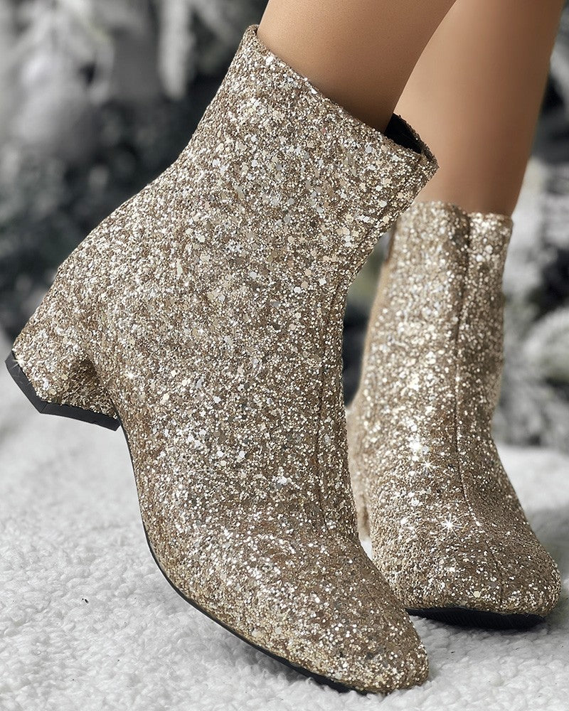 Christmas Glitter Side Zipper Chunky Heel Ankle Boots