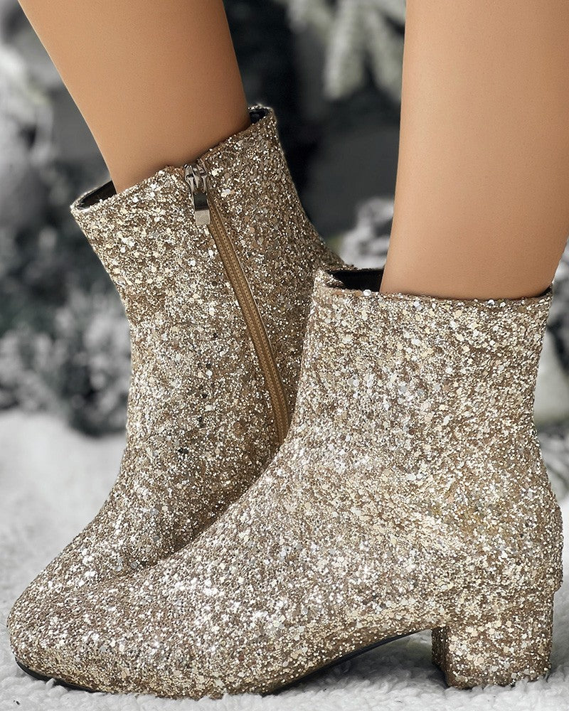 Christmas Glitter Side Zipper Chunky Heel Ankle Boots