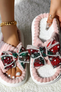 Christmas Plaid Bowknot Design Non-Slip Fuzzy Winter Slippers