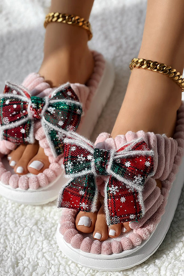 Christmas Plaid Bowknot Design Non-Slip Fuzzy Winter Slippers