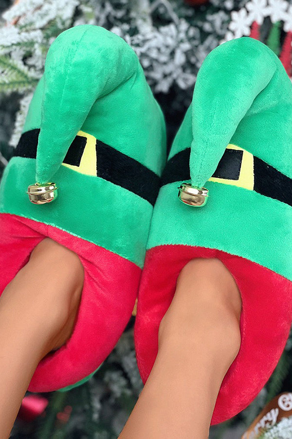 Christmas Elf Jingle Bell Cartoon Fuzzy Slippers