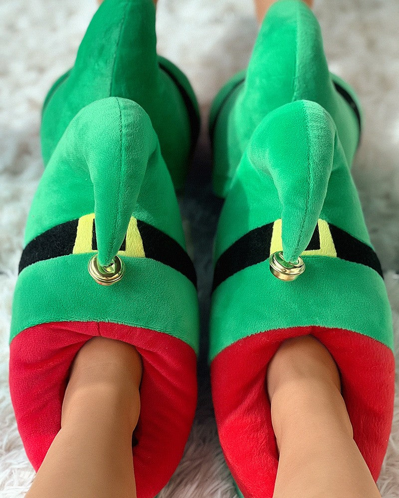 Christmas Elf Jingle Bell Cartoon Fuzzy Slippers