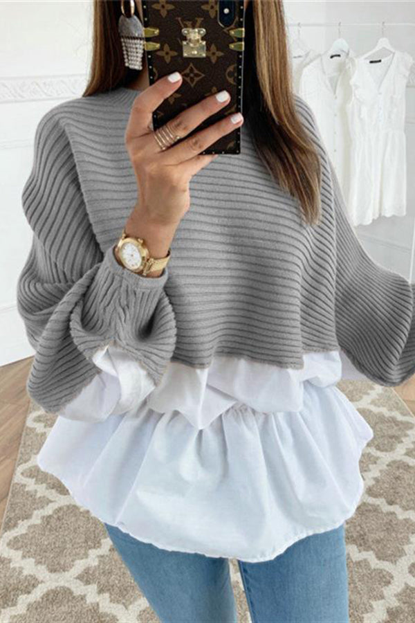 Crew Neck Patchwork Ruffled Elastic Waist Sweater