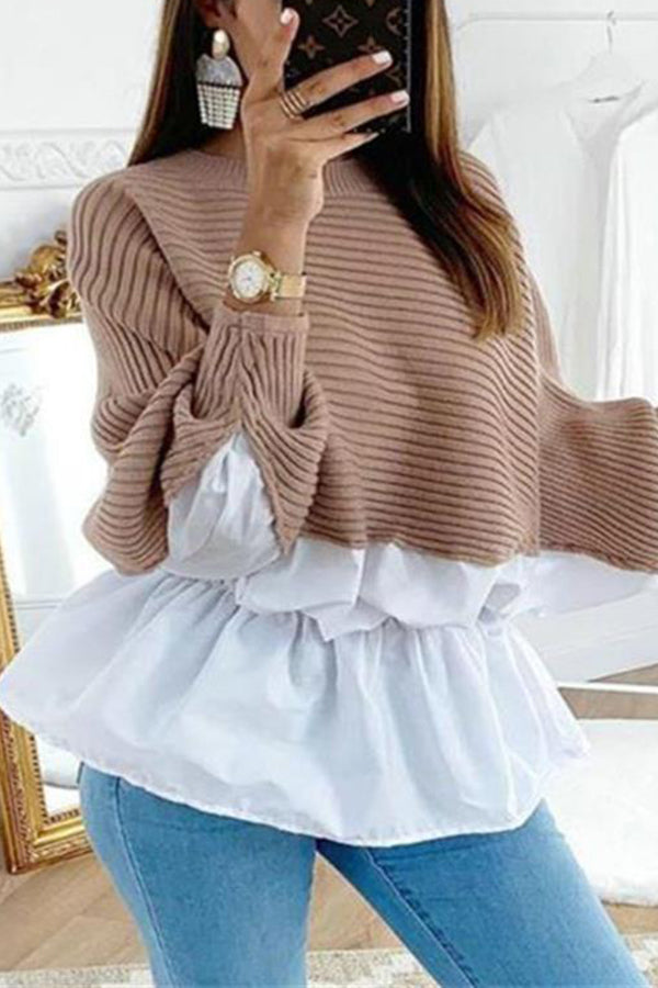 Crew Neck Patchwork Ruffled Elastic Waist Sweater