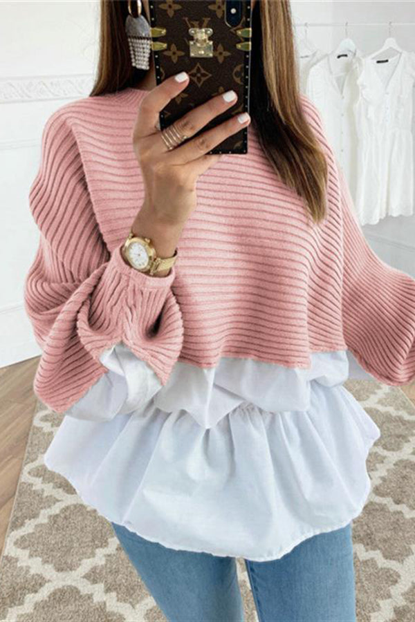 Crew Neck Patchwork Ruffled Elastic Waist Sweater