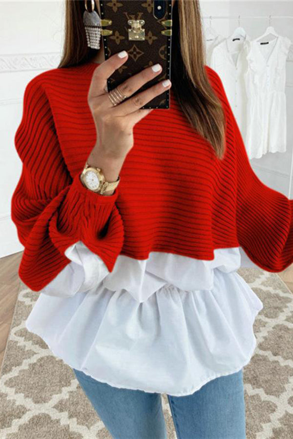 Crew Neck Patchwork Ruffled Elastic Waist Sweater