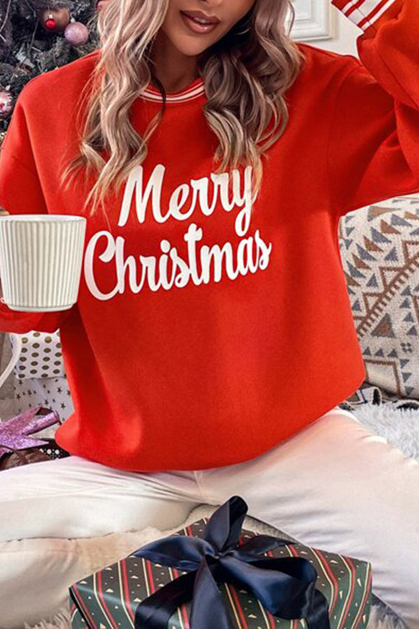 Christmas Slogan Graphic Striped Trim Pullover