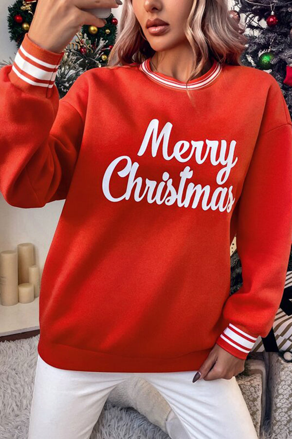 Christmas Slogan Graphic Striped Trim Pullover