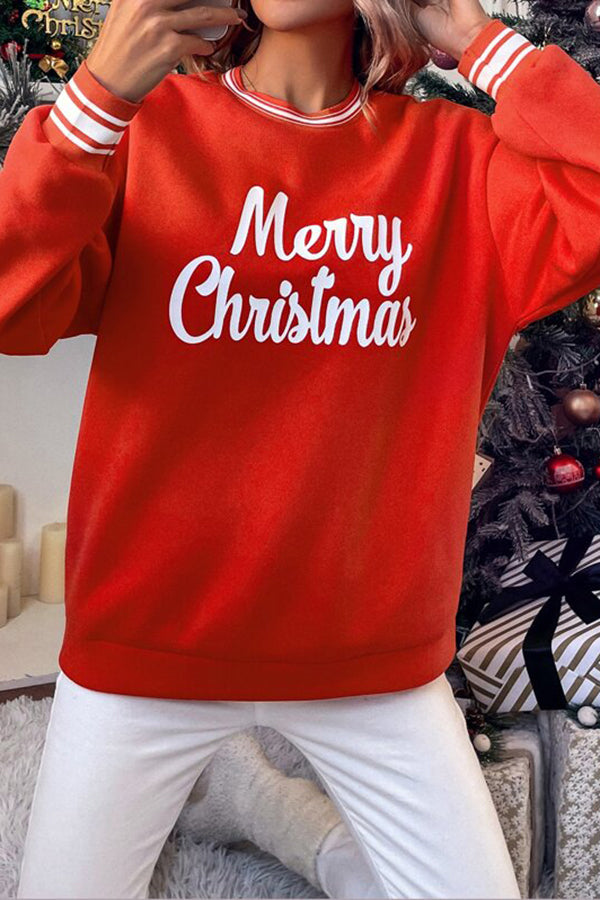 Christmas Slogan Graphic Striped Trim Pullover