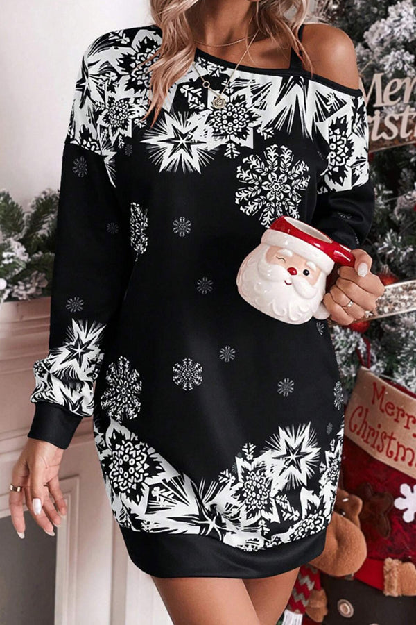 Christmas Snowflake Print Off-Shoulder Autumn and Winter Dress