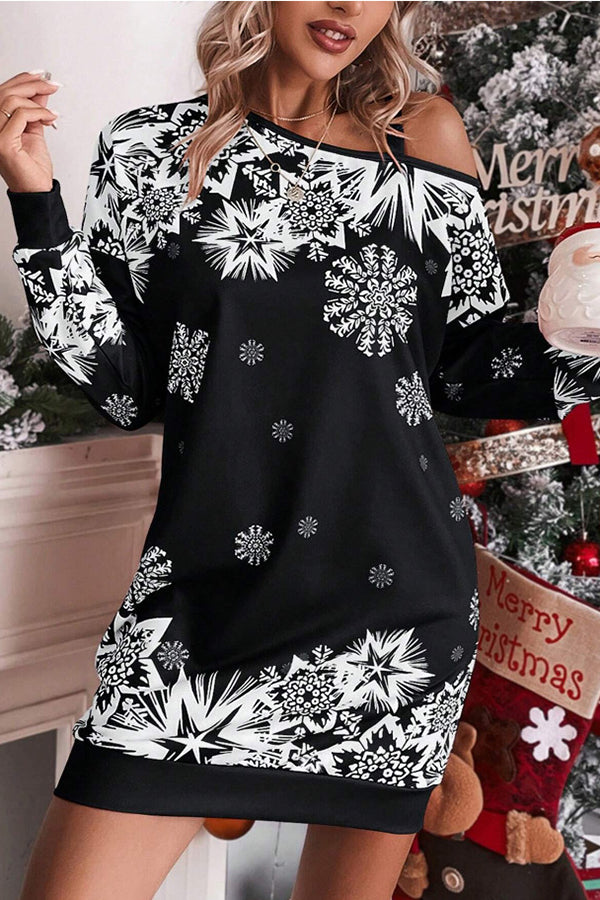 Christmas Snowflake Print Off-Shoulder Autumn and Winter Dress