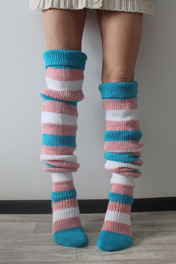 Pink Blue and White Striped Knitted Wool Socks 