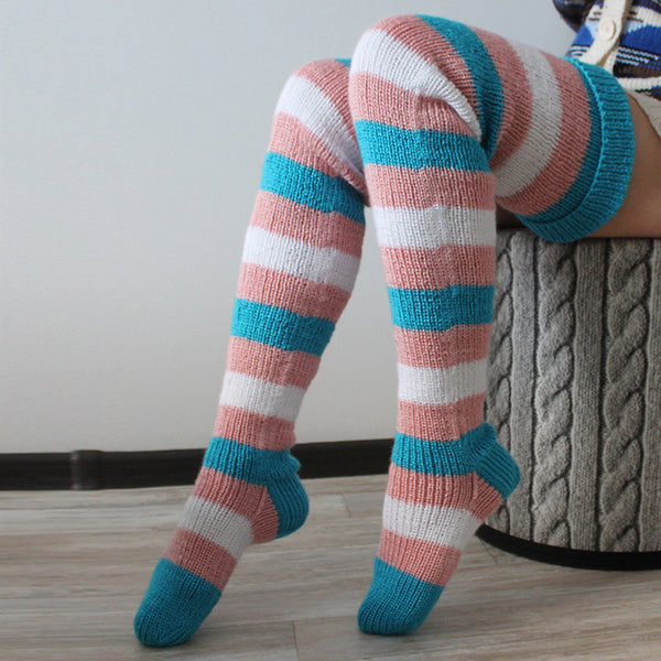 Pink Blue and White Striped Knitted Wool Socks