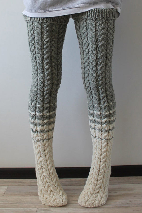 Woven Color-Blocked Over-the-Knee Warm Floor Wool Socks