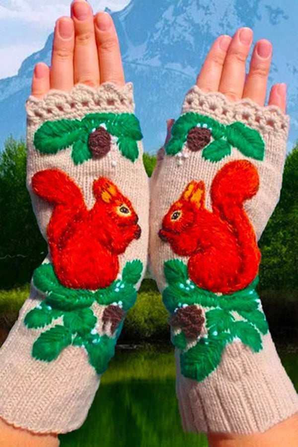 Retro Squirrel Knitted Gloves