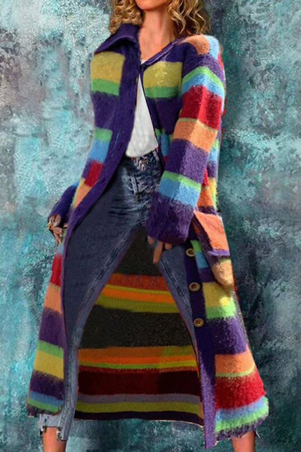 Vintage Lazy Rainbow Striped Knitted Cardigan