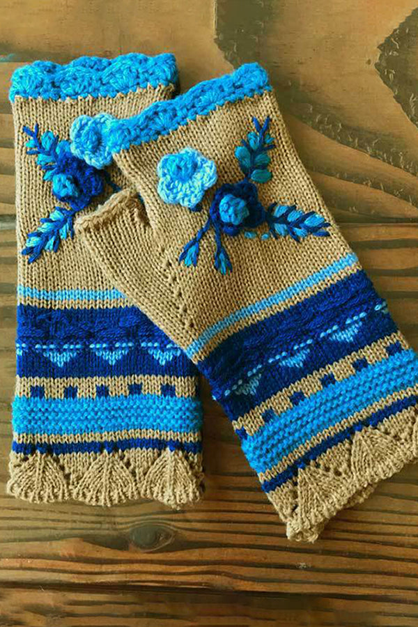 Floral Jacquard Warm Knit Fingerless Gloves