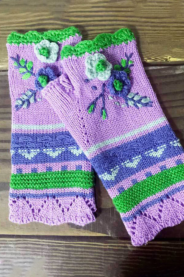 Floral Jacquard Warm Knit Fingerless Gloves