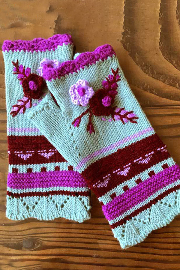 Floral Jacquard Warm Knit Fingerless Gloves