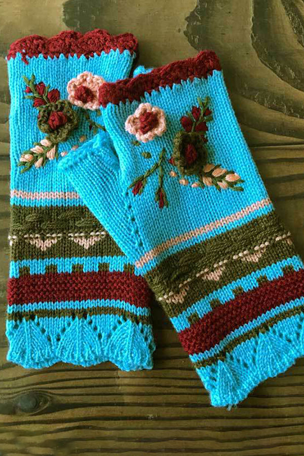 Floral Jacquard Warm Knit Fingerless Gloves