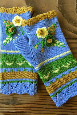 Floral Jacquard Warm Knit Fingerless Gloves