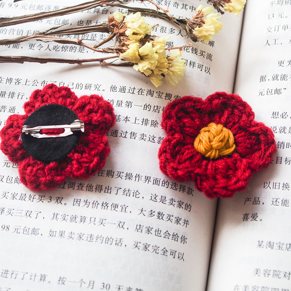 Small Red Flower Crochet Brooch