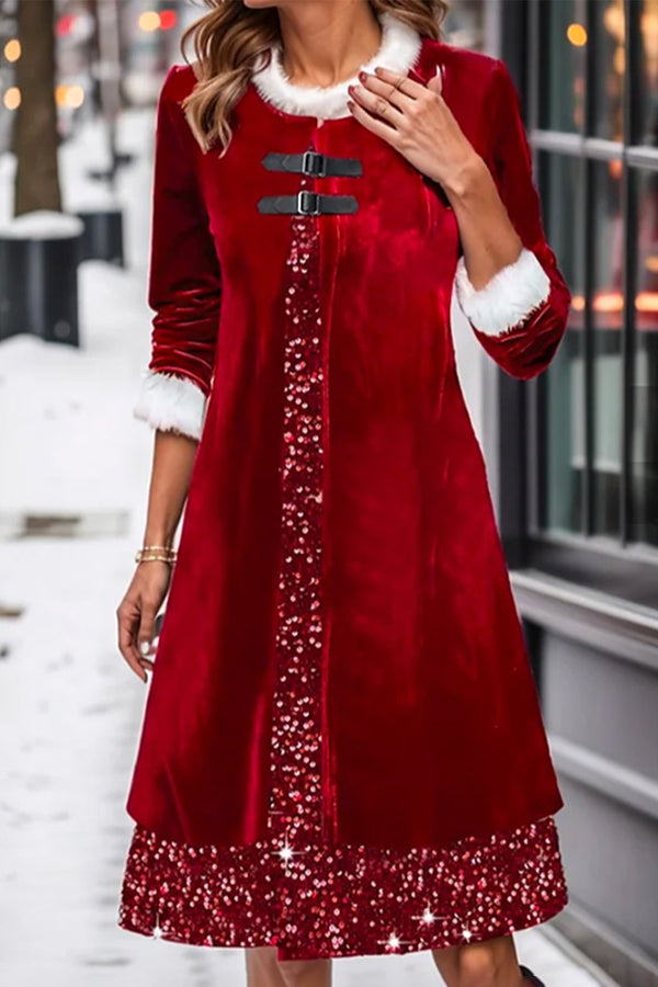 Christmas Velvet Sequined Fur Collar Dress