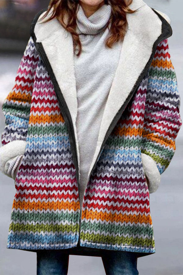 Rainbow Knitted Print Velvet Zipper Coat