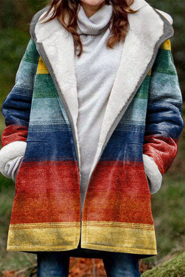 Rainbow Block Print Velvet Zipper Coat