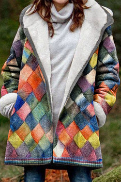 Rainbow Diamond Geometric Print Velvet Zip Coat