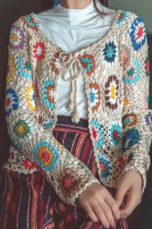 Women Woven Ethnic Long Sleeve Comfy Boho Hollow Out Cardigan