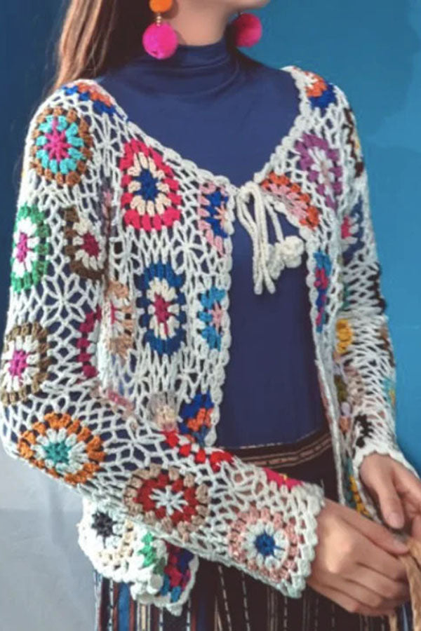 Women Woven Ethnic Long Sleeve Comfy Boho Hollow Out Cardigan