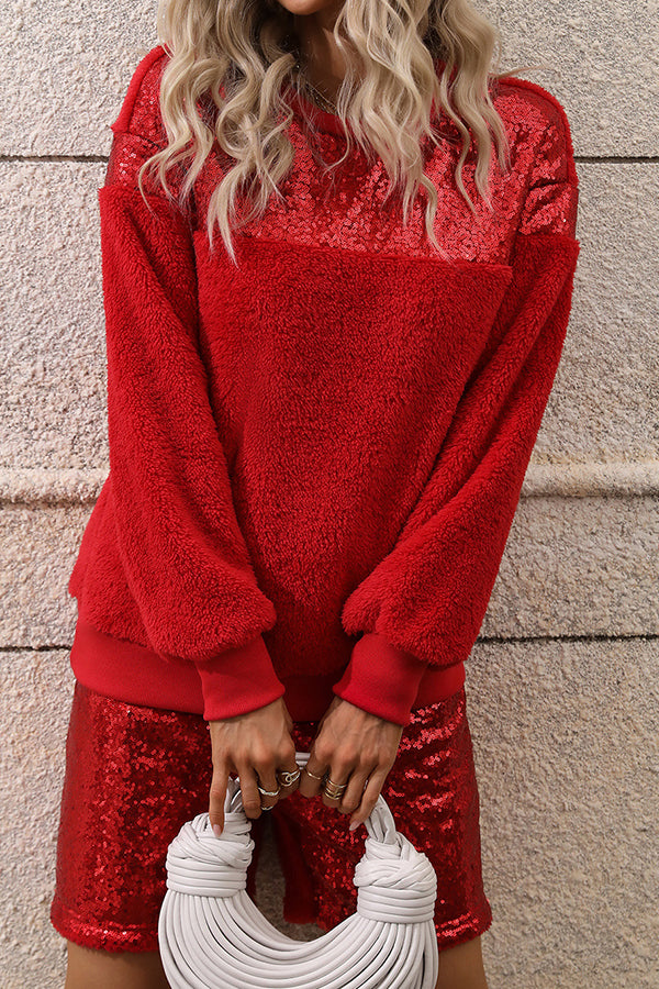 Sequin Panel Long Sleeve Crew Neck Plush Christmas Two-Piece Set