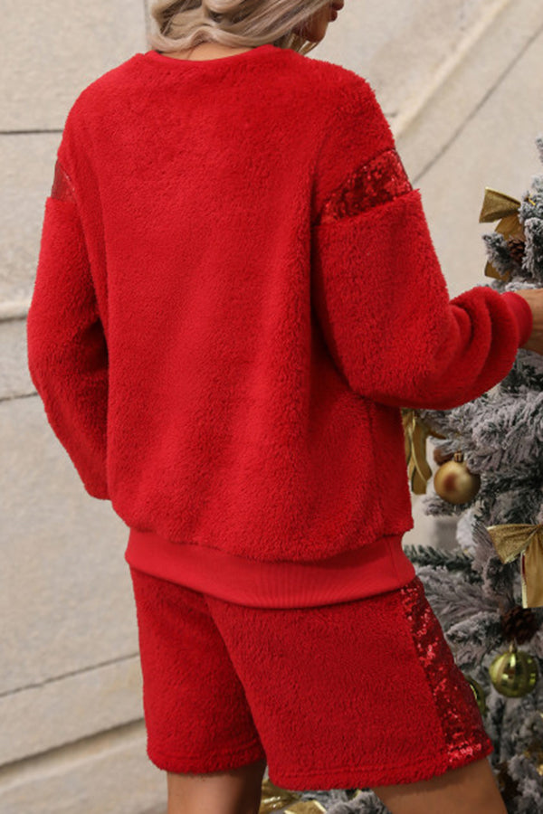 Sequin Panel Long Sleeve Crew Neck Plush Christmas Two-Piece Set