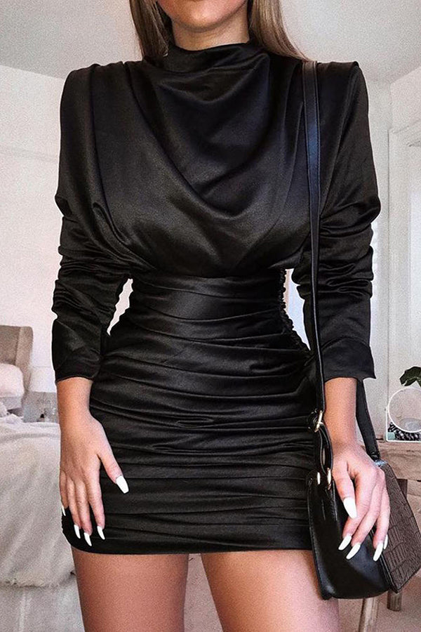 High Neck Hip Wrap Pleated Dress